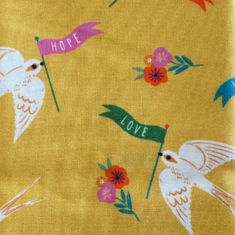 Mercerie - Tissu coupon 45 x 55 cm - oiseaux blanc - jaune